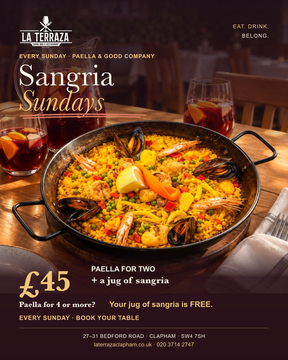 Sangria Sundays: paella for two and a jug of sangria for £45, or a free jug with any paella for four or more.